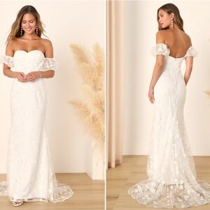 LULU's Sexy Bridal Wedding Floral Mesh Off the Shoulder Mermaid Trumpet